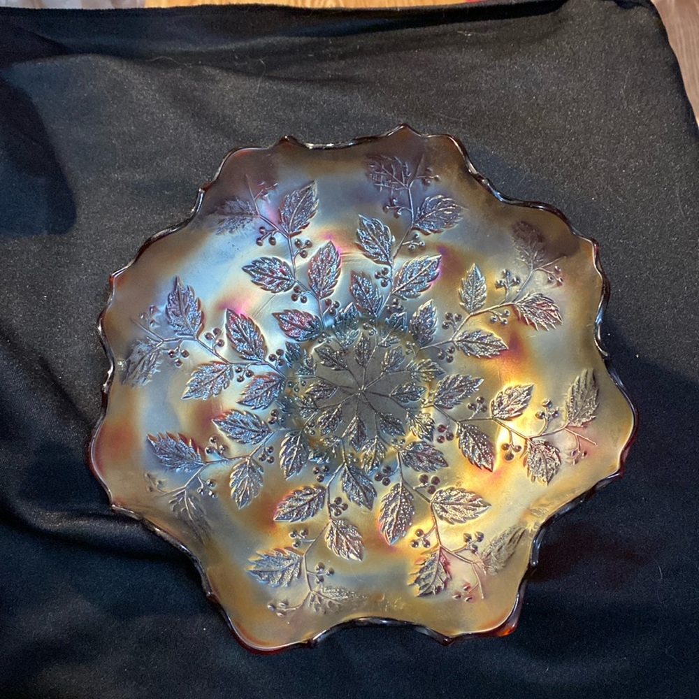 Antique Fenton Holly Berry Bowl Marigold Amber Carnival Glass Scalloped Edge